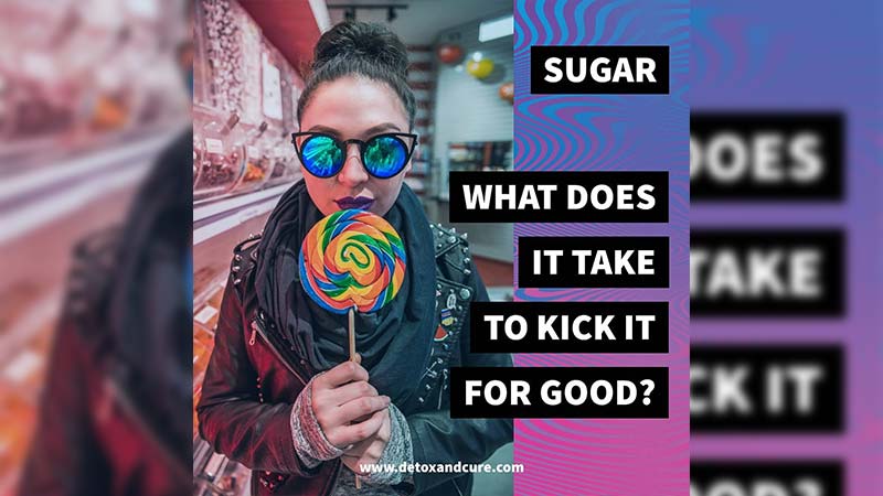 sugar-addiction-what-does-it-take-to-kick-it-for-good-and-detox-from-sugar-completely picture of a young woman with black hair in a leather jacket looking like a 70's rebel with a large round multicoloured lollypop in a candy store