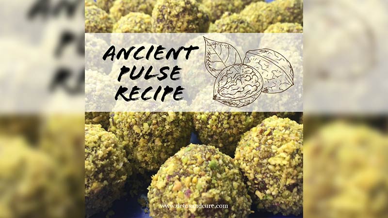 An Ancient Pulse Recipe that's Vegan and Keto Friendly. Image shows keto pulse balls coated with pistachio with the text overlaid reading "ancient pulse recipe"